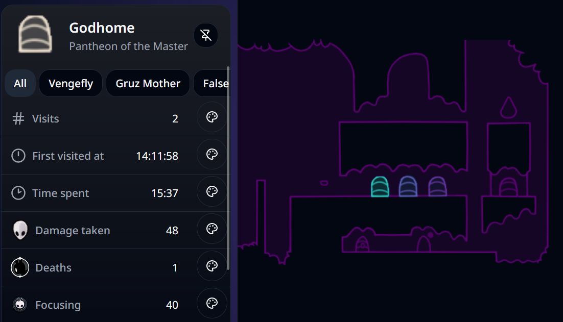 A map showing the Godhome area of the game, with colored pantheon doors.