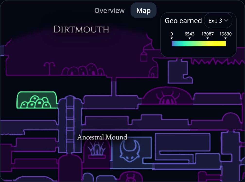 A map showing rooms colored by the geo earned by area in an exponential scale