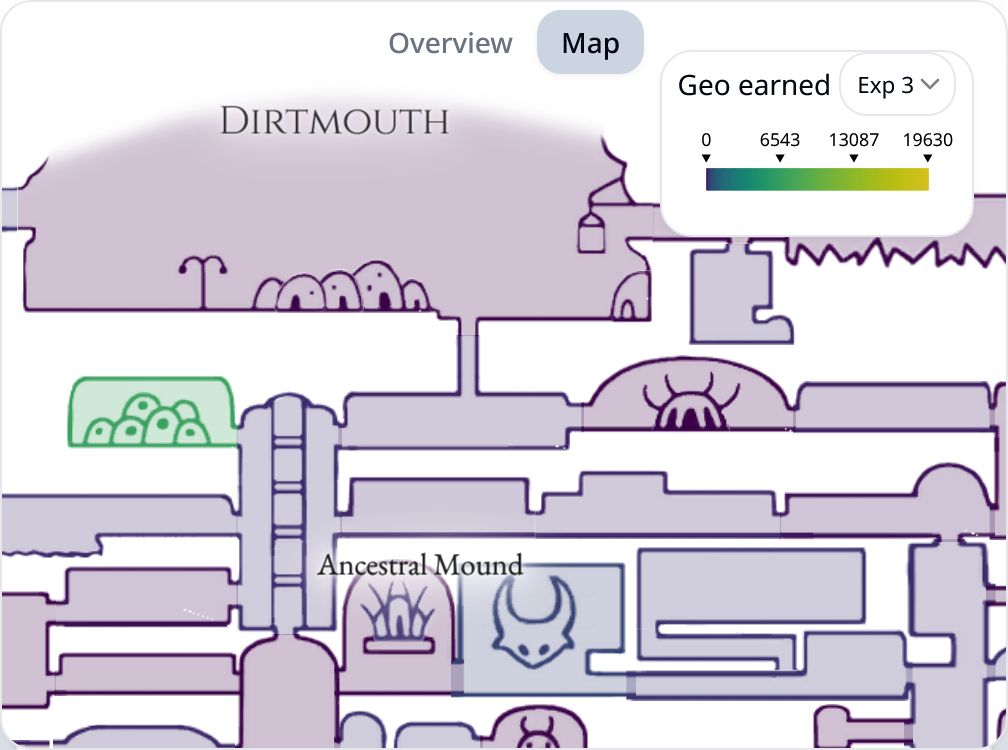 A map showing rooms colored by the geo earned by area in an exponential scale