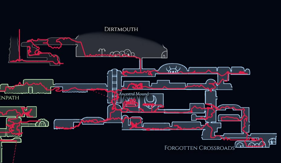 Traces on game map showing all player movement within a gameplay in the Forgotten Crossroads area