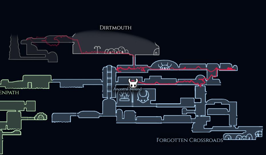 Traces on game map showing player movement of 4 minutes. The traces fade out, for positions further in the past in the Forgotten Crossroads area