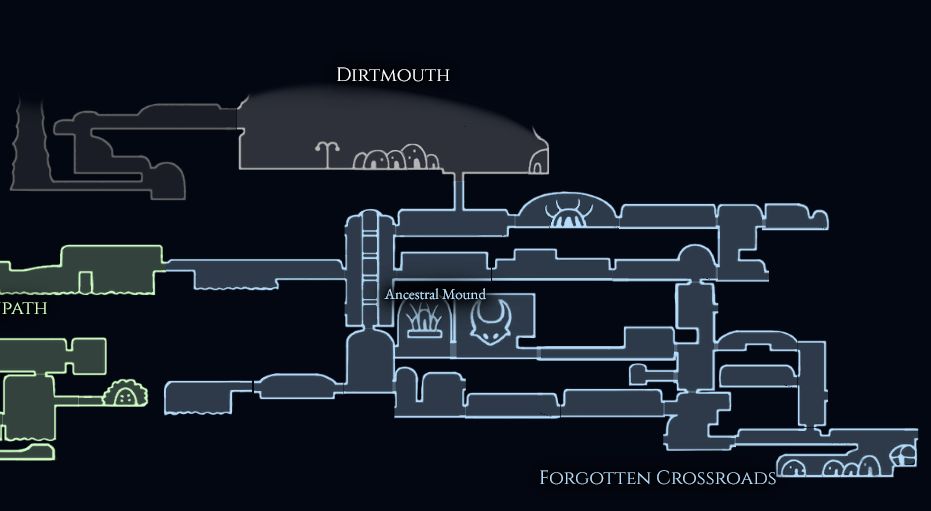 A game map showing rooms of Forgotten Crossroads with no traces on top, displaying player movement.