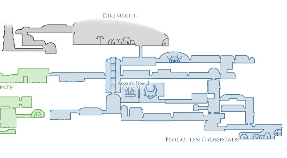 A game map showing rooms of Forgotten Crossroads with no traces on top, displaying player movement.