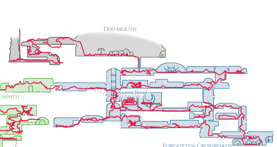 Traces on game map showing all player movement within a gameplay in the Forgotten Crossroads area