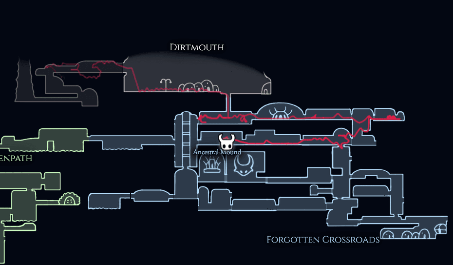 Traces on game map showing player movement of 4 minutes. The traces fade out, for positions further in the past in the Forgotten Crossroads area