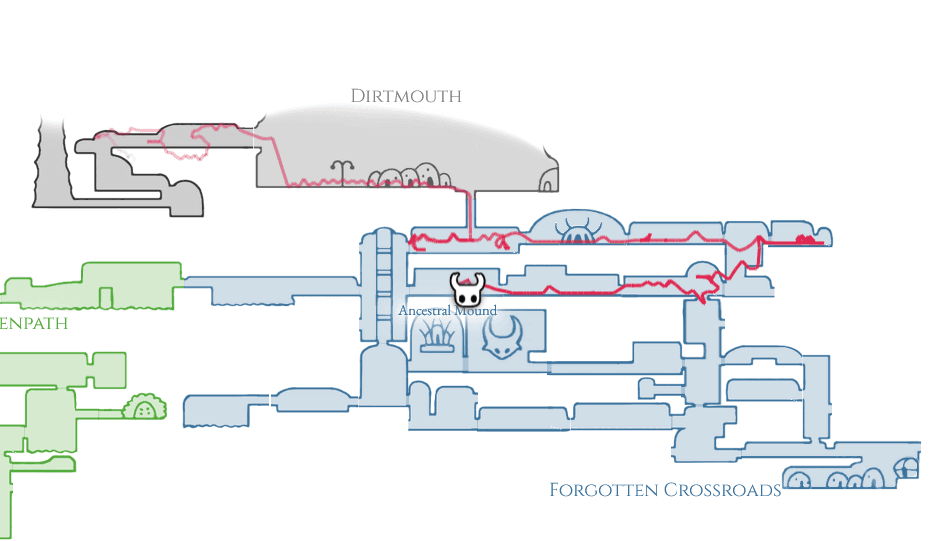 Traces on game map showing player movement of 4 minutes. The traces fade out, for positions further in the past in the Forgotten Crossroads area