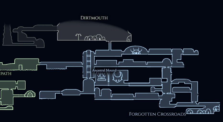 A game map showing rooms of Forgotten Crossroads with no traces on top, displaying player movement.